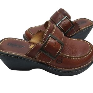 Born Leather Clogs Mules Wedges Womens Size 6/36.5 Buckle Detail Brown